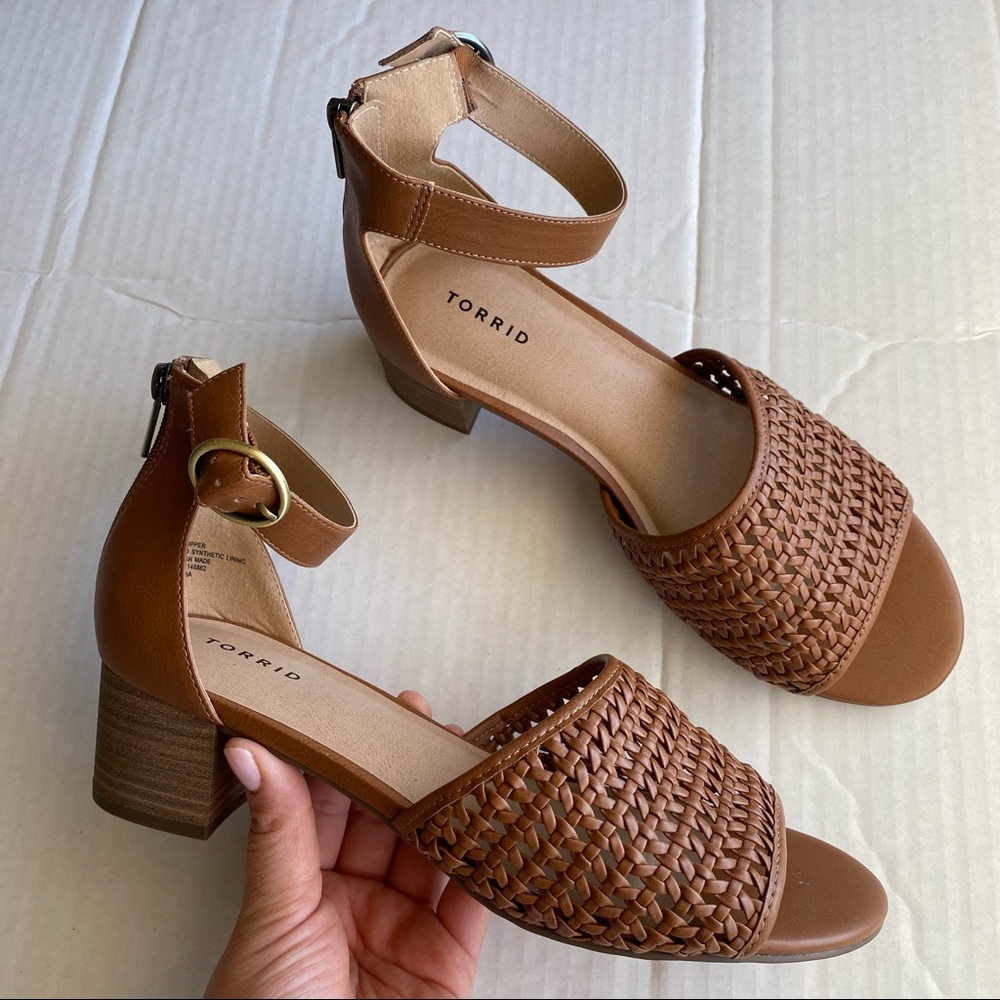 Torrid Size 9 Cognac Faux Leather Braided Peep-Toe Ankle Strap Block Heel Sandal